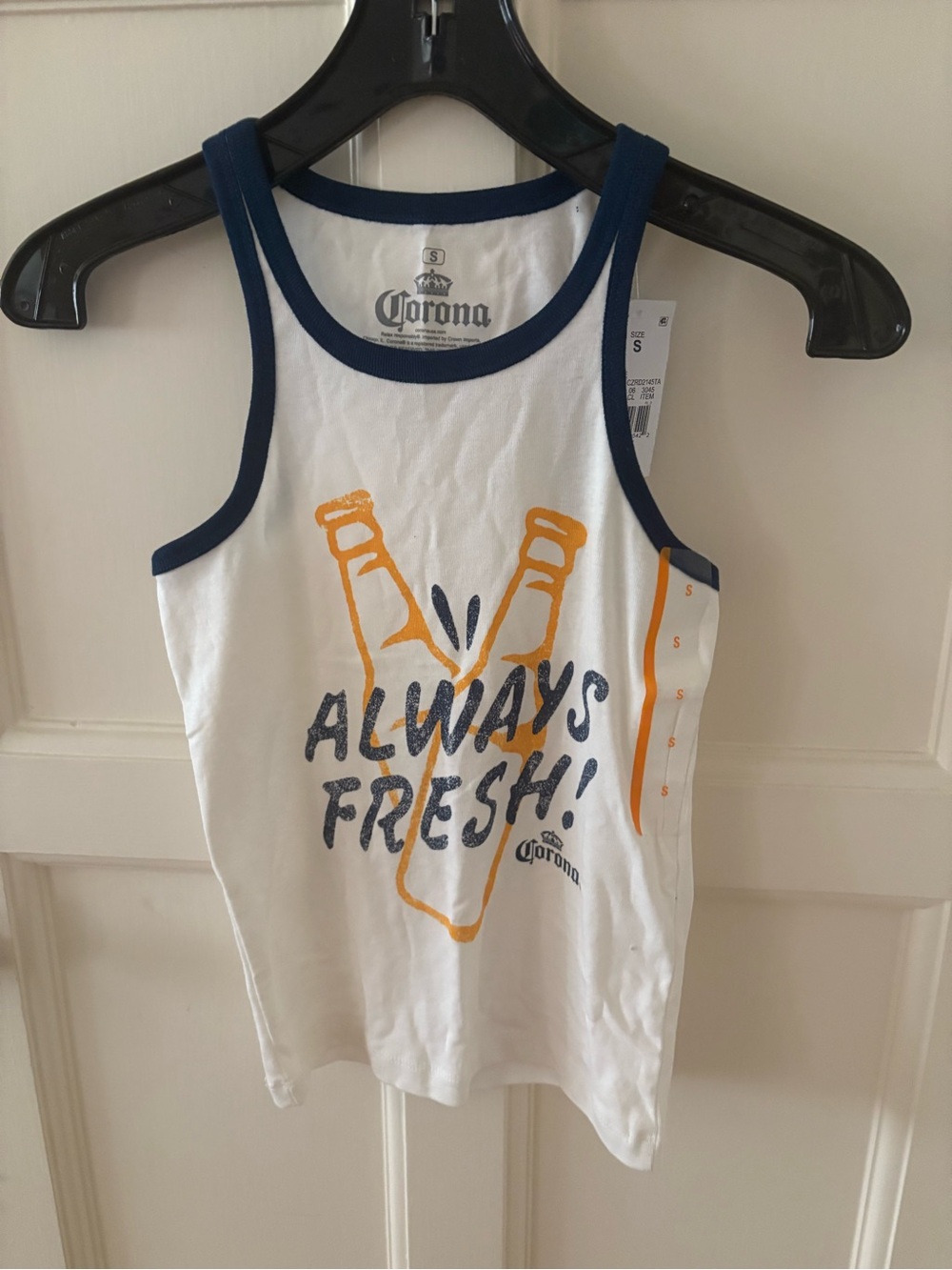 NWT Corona White Tank with Navy Trim and Yellow Graphic